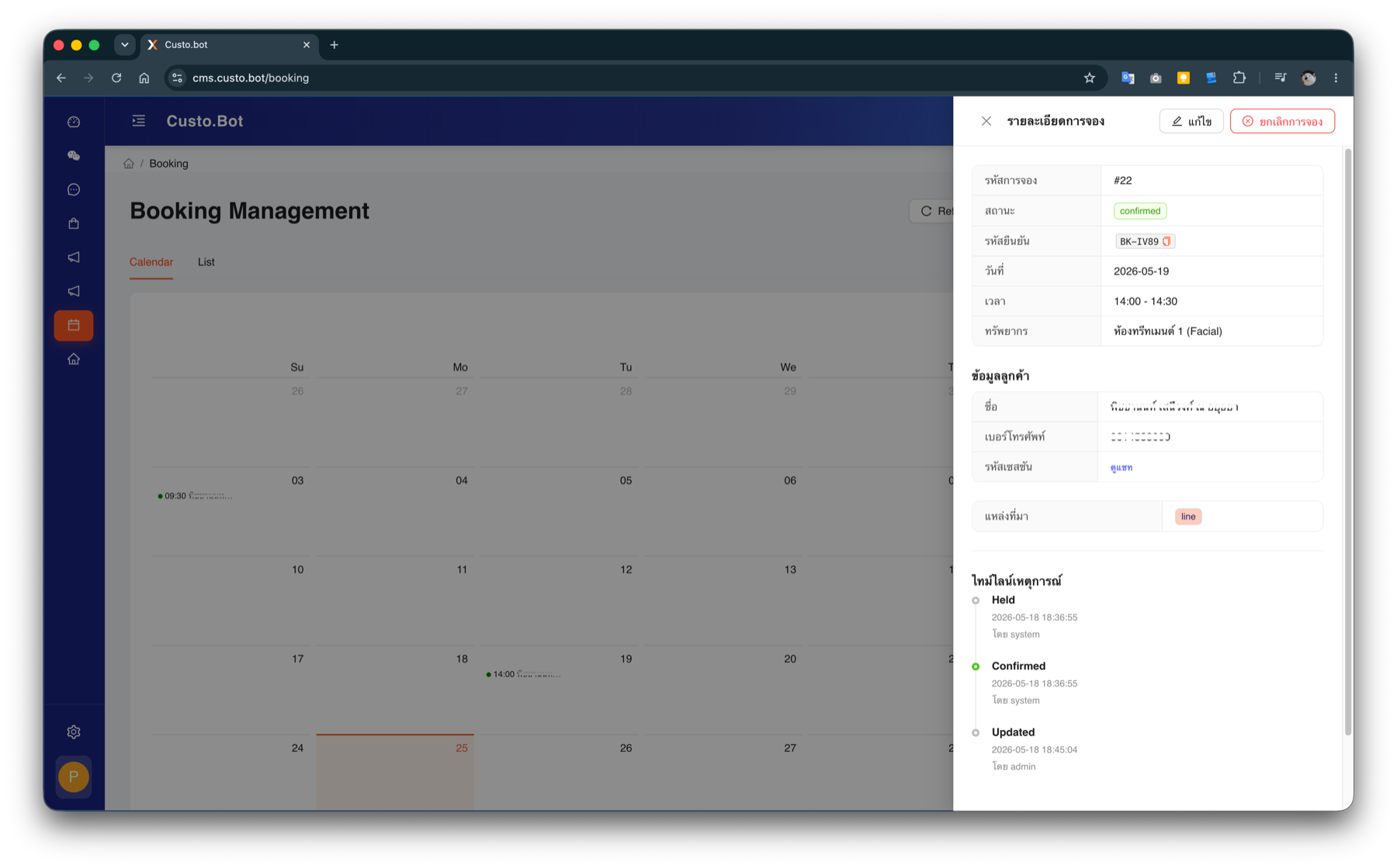 Custo.Bot booking management calendar with reservation details and timeline